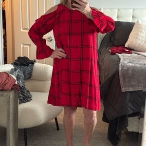 Red Plaid Cold Shoulder Dress